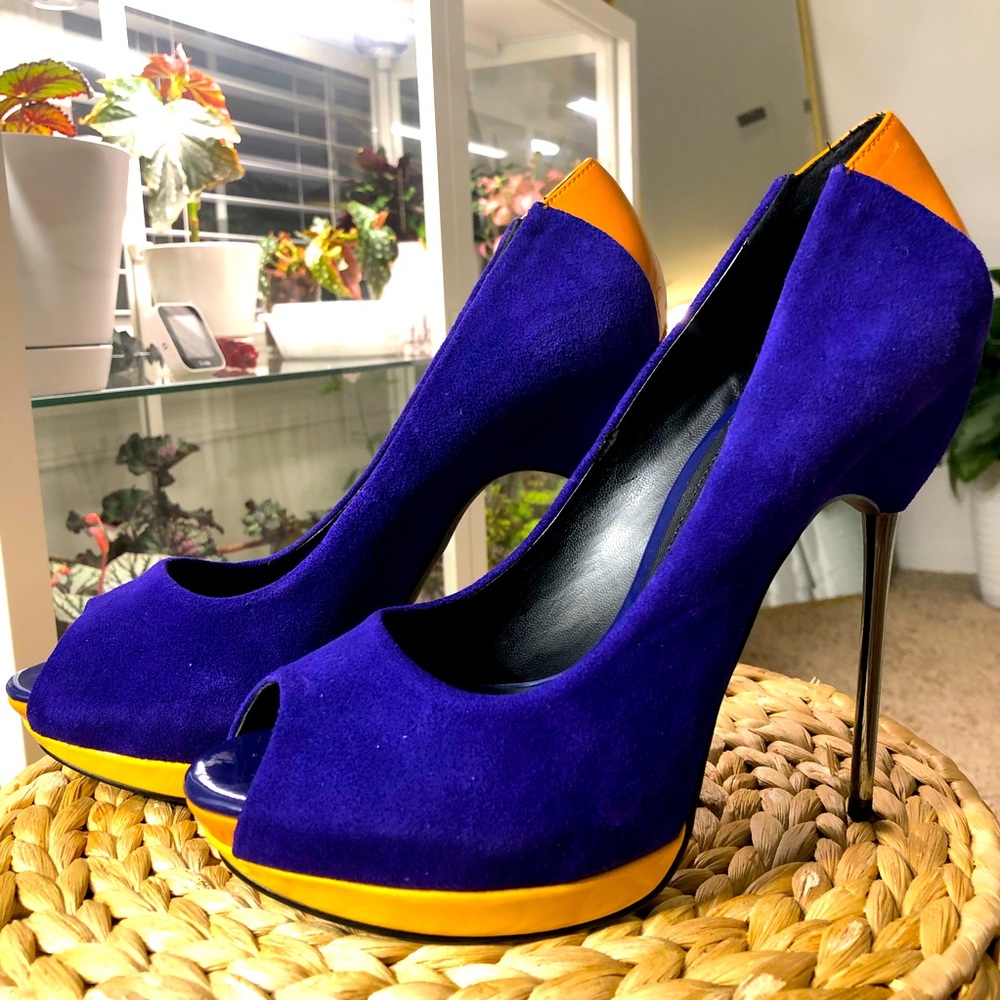 Aldo Heels Suede Blue/Yellow Stiletto Platform Shoes UK 39 US 8